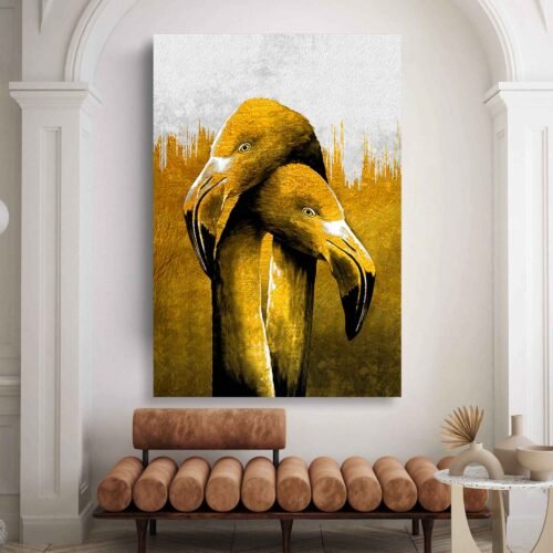 Golden Flamingo Elegance - Abstract Grey & Gold Canvas Wall Art for Stylish Decor. Add a touch of elegance with **Golden Flamingo Elegance**—a stunning abstract canvas featuring two graceful flamingos in gold against a textured grey backdrop. Perfect for modern and stylish home decor!