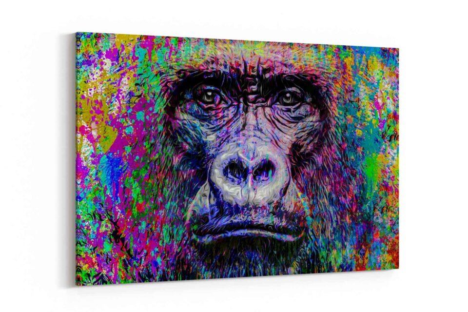 Vibrant Gorilla Canvas Wall Art | Colourful Abstract Monkey Portrait | Bold Wildlife Pop Art Print