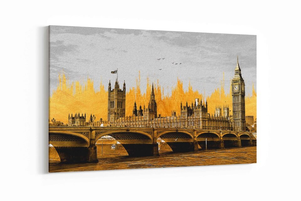 Golden Big Ben and Westminster Bridge Canvas Wall Art - Modern Abstract London Landmark Artwork in Grey and Gold for Elegant Wall Decor Elevate your space with this stunning  Framed Wall Art Print. Featuring a modern abstract design in grey and gold, this elegant London landmark painting adds sophistication and charm to any home or office décor.