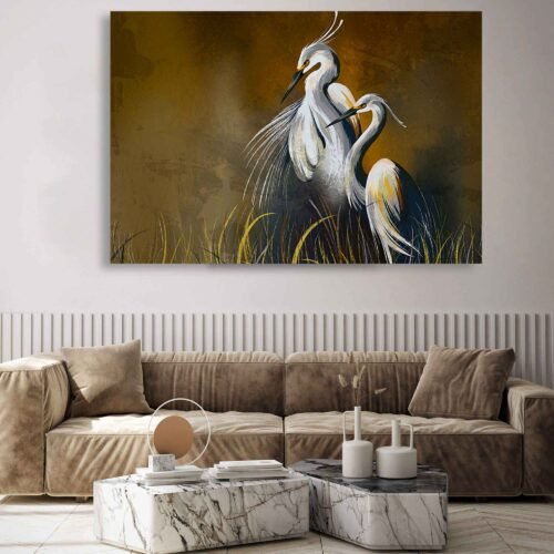Elegant Herons in Golden Marsh – Large Nature Wall Art Print Bring nature's elegance to your space with this stunning large wall art print featuring two graceful herons in a golden marsh. Perfect for adding a serene, sophisticated touch to any room.