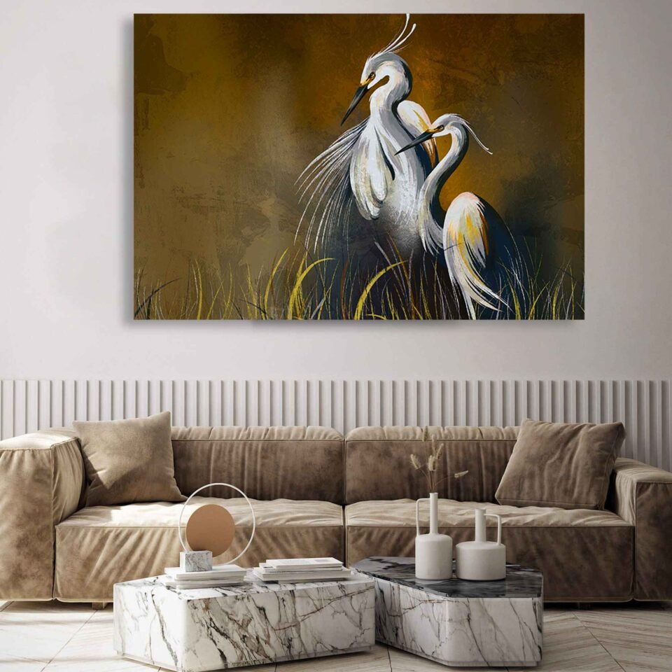 Elegant Herons in Golden Marsh – Large Nature Wall Art Print Bring nature's elegance to your space with this stunning large wall art print featuring two graceful herons in a golden marsh. Perfect for adding a serene, sophisticated touch to any room.