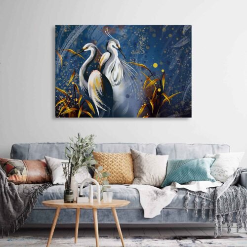 Elegant Heron Duo at Dusk – Large Canvas Wall Art Print Enhance your space with "Elegant Heron Duo at Dusk" – a stunning large canvas wall art print featuring two graceful herons against a dreamy twilight backdrop. Perfect for adding a touch of nature-inspired serenity and sophistication to any room.