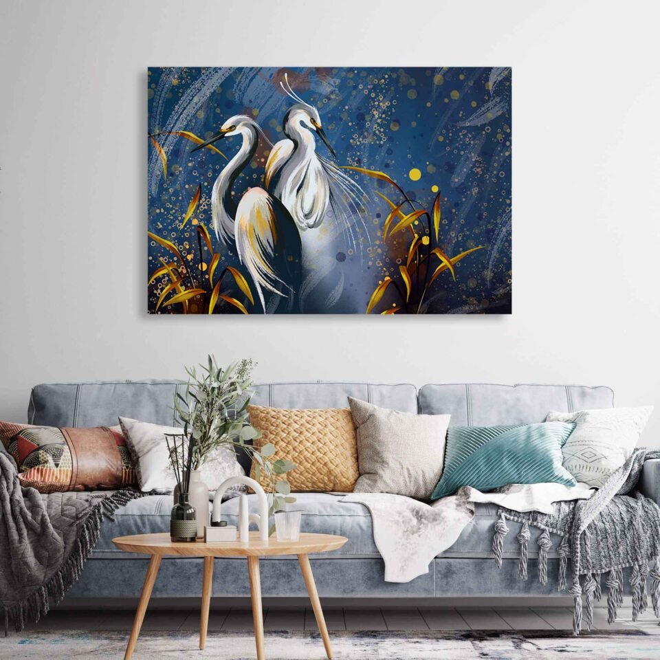 Elegant Heron Duo at Dusk – Large Canvas Wall Art Print Enhance your space with "Elegant Heron Duo at Dusk" – a stunning large canvas wall art print featuring two graceful herons against a dreamy twilight backdrop. Perfect for adding a touch of nature-inspired serenity and sophistication to any room.