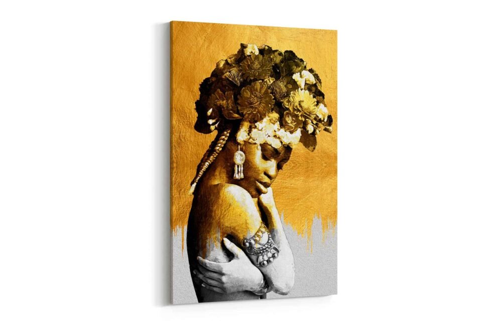 Golden African Woman Canvas Wall Art – Elegant Black and Gold Portrait Artwork Enhance your space with this Framed Canvas Art Print, featuring an elegant black and gold portrait. A modern abstract masterpiece, perfect for adding sophistication and cultural charm to any home or office décor.