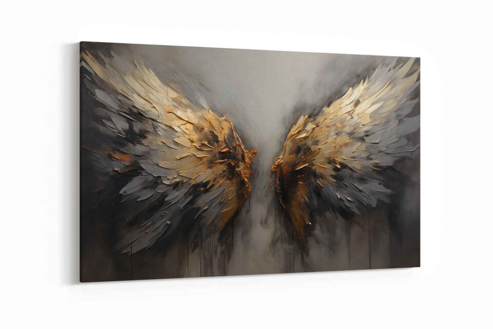 Angel Wings Spiritual Wall Art - Elegant Abstract Wing Artwork for Sacred Decor Elevate your space with this  Spiritual Framed Wall Art. Featuring elegant abstract wings with gold accents, this stunning piece adds a divine and sacred touch to any room. Perfect for spiritual decor, meditation spaces, or serene interiors.