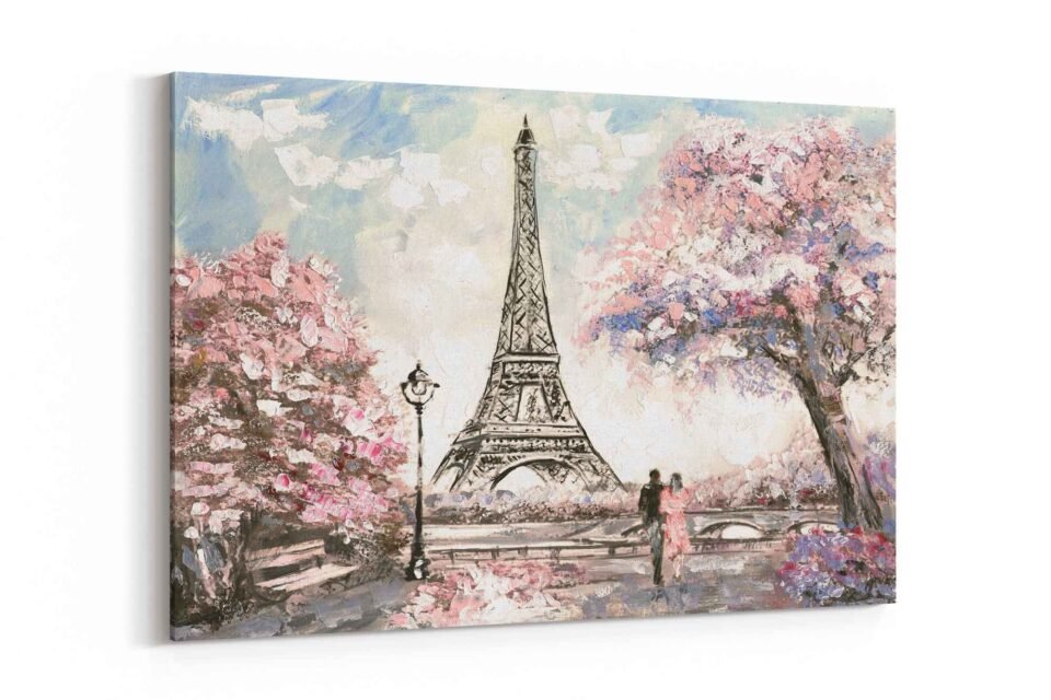 Romantic Paris Landscape Wall Art Print – Eiffel Tower & Cherry Blossom - Framed Canvas Art Prints