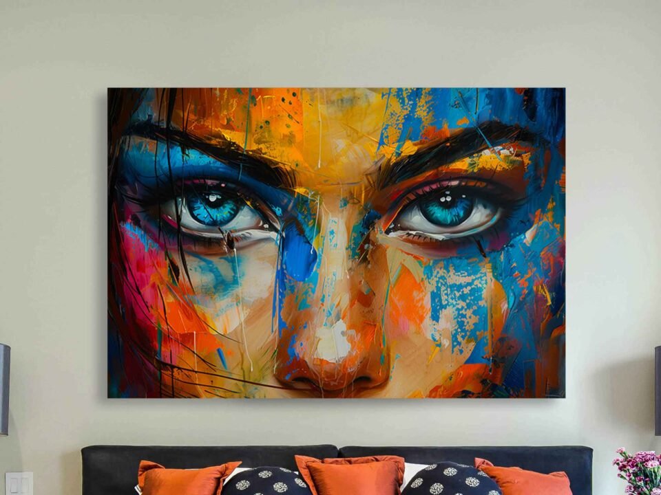 Abstract Blue Eyes Portrait Canvas Wall Art – Vibrant Modern Expressionist Print for Home & Office Décor Make a bold statement with this Abstract Blue Eyes Portrait Canvas. Featuring vivid colors and expressive brushwork, this modern expressionist wall art adds striking visual appeal to any home, office, or creative space.