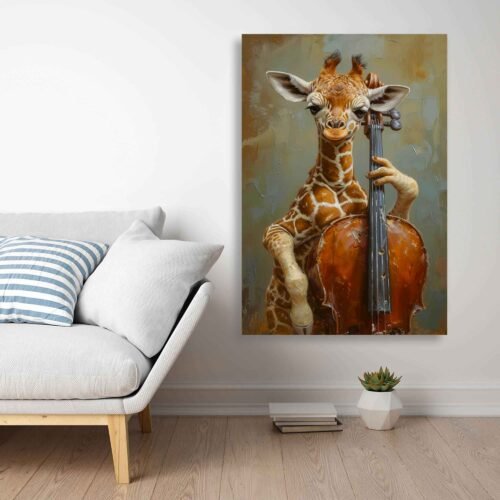 Whimsical Giraffe Playing Cello – Funny Animal Musician Canvas Wall Art Print Add a touch of humour and charm to your space with this whimsical giraffe playing a cello. This fun animal musician canvas wall art print is perfect for music lovers and art enthusiasts alike. A playful accent for any room!