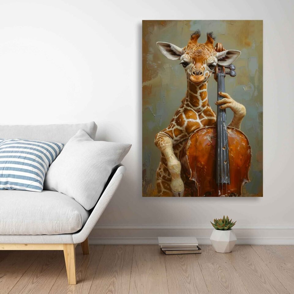 Whimsical Giraffe Playing Cello – Funny Animal Musician Canvas Wall Art Print Add a touch of humour and charm to your space with this whimsical giraffe playing a cello. This fun animal musician canvas wall art print is perfect for music lovers and art enthusiasts alike. A playful accent for any room!