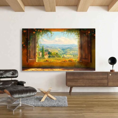 Scenic Tuscan Countryside View Through Window Canvas Wall Art – Rustic Landscape Print for Home Décor Bring the charm of Tuscany into your home with this scenic countryside window view canvas print. A rustic landscape full of warmth and detail, perfect for adding elegance and serenity to any space.
