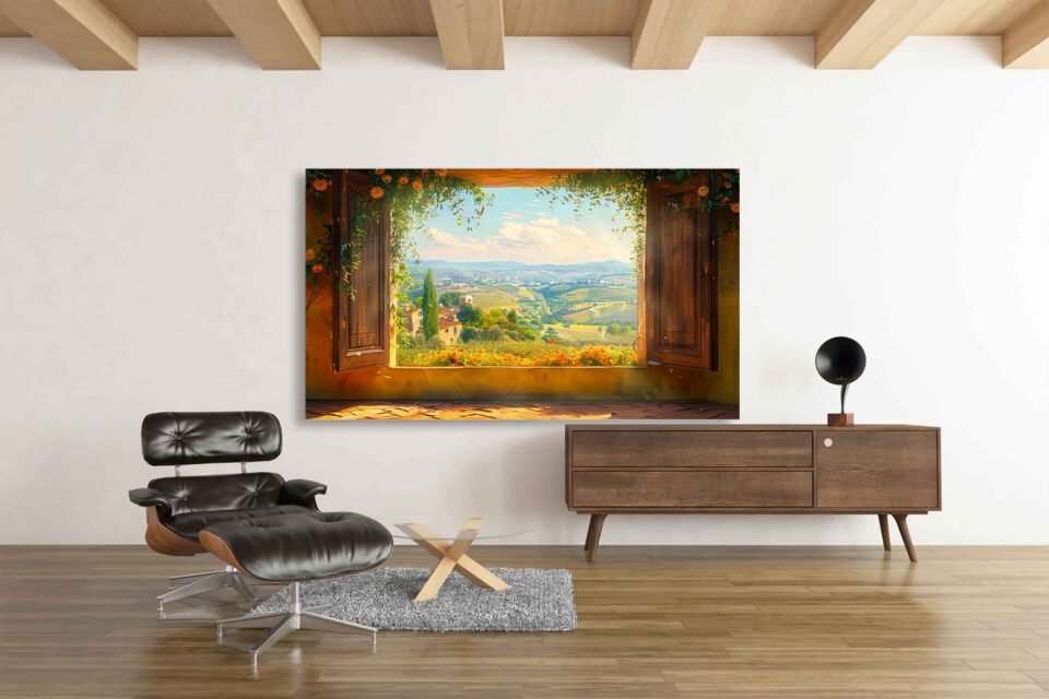 Scenic Tuscan Countryside View Through Window Canvas Wall Art – Rustic Landscape Print for Home Décor Bring the charm of Tuscany into your home with this scenic countryside window view canvas print. A rustic landscape full of warmth and detail, perfect for adding elegance and serenity to any space.
