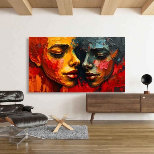 Bold Expressionism Couple Portrait – Large Framed Abstract Canvas Wall Art Print Add a dramatic touch to your space with this large framed abstract canvas wall art print, featuring a bold expressionist couple portrait in vivid, textured colors—perfect for modern and eclectic interiors.