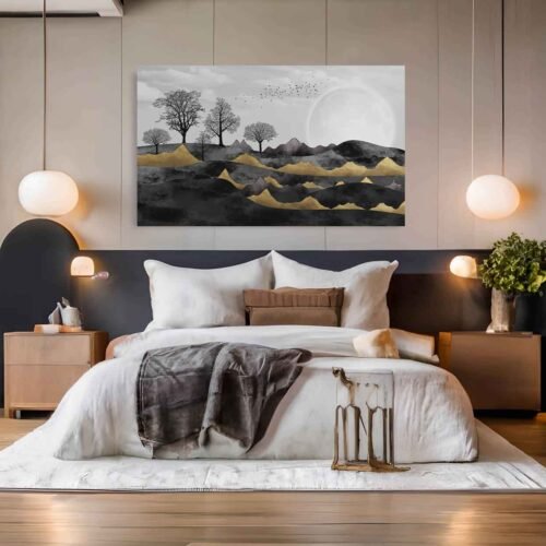 Black Trees - Landscape Wall Art - Golden Mountains with White Sun & Birds on Light Grey Background. Enhance your space with this stunning landscape wall art featuring black trees, golden and black mountains, a white sun, and birds against a light grey background. A perfect blend of elegance and nature for any modern or contemporary décor.