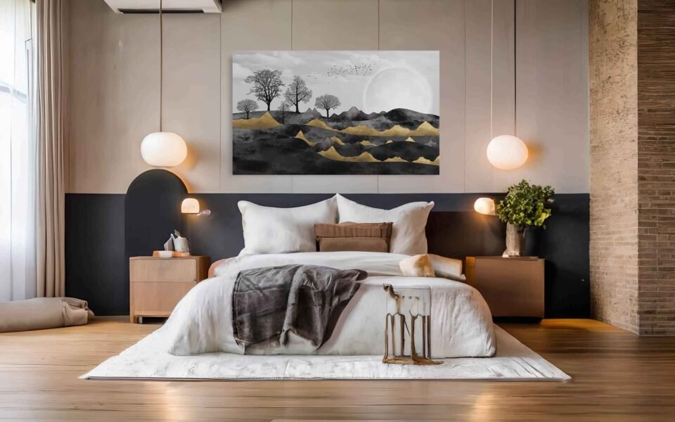Black Trees - Landscape Wall Art - Golden Mountains with White Sun & Birds on Light Grey Background. Enhance your space with this stunning landscape wall art featuring black trees, golden and black mountains, a white sun, and birds against a light grey background. A perfect blend of elegance and nature for any modern or contemporary décor.