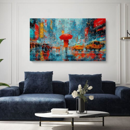 Large Wall Art Abstract Cityscape - Vibrant Rainy Street Scene with Red Umbrella & Yellow Taxis – Modern Urban Canvas Print for Home & Office Décor