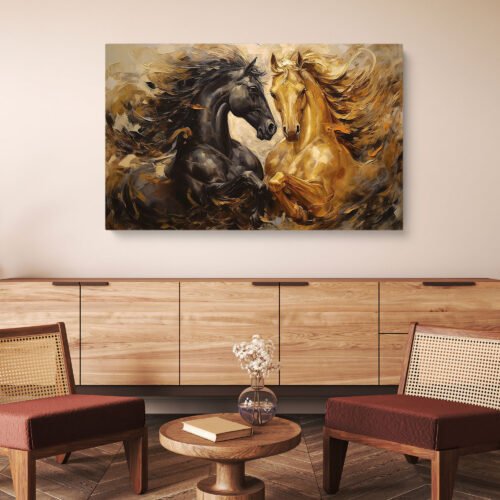 Majestic Black and Gold Horses Canvas Art Prints - Dynamic Stallions Artwork for Wall Decor. Framed Canvas Wall Art Prints for Home Decor.