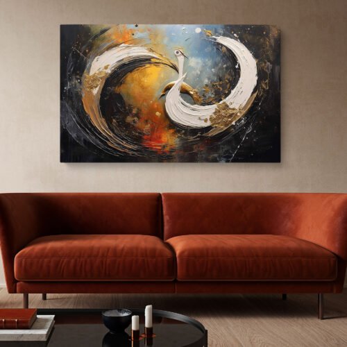 Golden Abstract Crane Canvas Wall Art – Modern Elegant Bird Painting with Black, Gold & Blue Textures