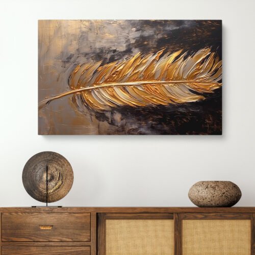 Golden Feather Abstract Wall Art – Textured Metallic Artwork for Elegant Home Décor Enhance your space with this Golden Feather Abstract Canvas Wall Art, featuring a textured metallic design. Perfect for adding elegance and modern charm to any home or office décor. A stunning blend of artistry and sophistication.