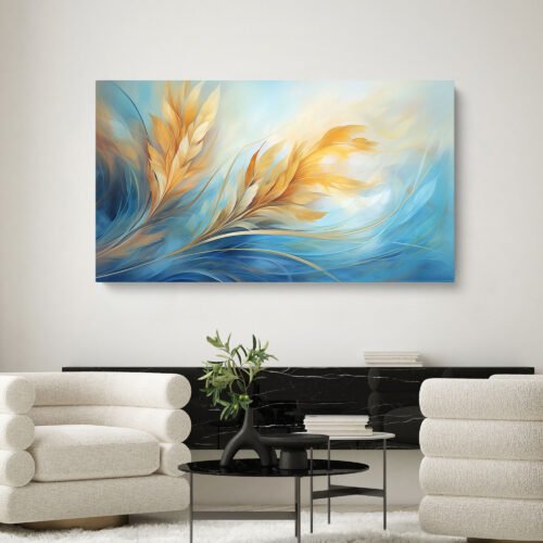 Golden Wheat Abstract Canvas Wall Art – Large Modern Nature-Inspired Artwork in Blue and Gold Tones – Elegant Botanical Home Decor Print