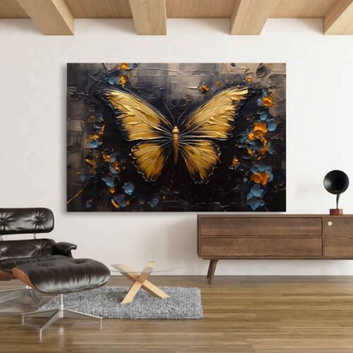 Golden Butterfly Canvas Wall Art – Elegant Metallic Butterfly Print on Dark Textured Background for Modern Glam Decor