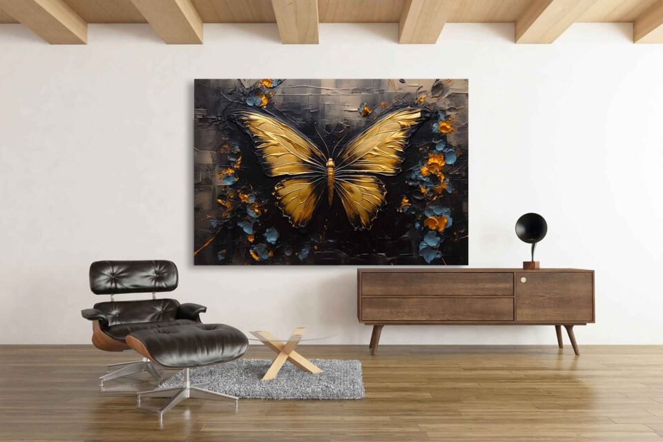 Golden Butterfly Canvas Wall Art – Elegant Metallic Butterfly Print on Dark Textured Background for Modern Glam Decor