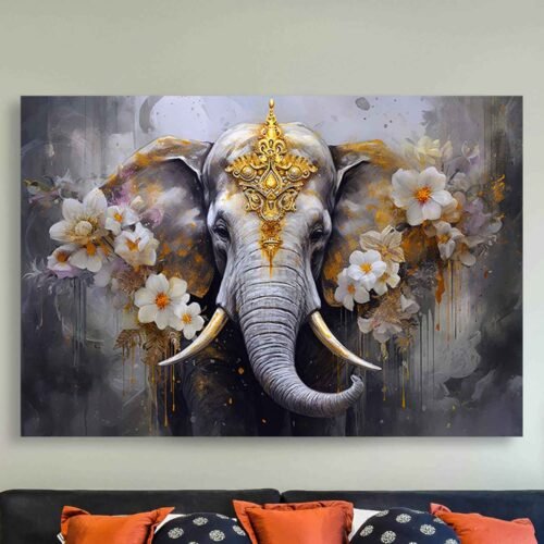 Majestic Sacred Elephant Canvas Wall Art – Spiritual Boho Decor with Floral Accents