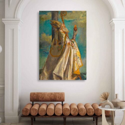 Regal Bishop Holding Sacred Heart Canvas Wall Art – Vintage Catholic Religious Artwork Print for Classic Spiritual Decor
