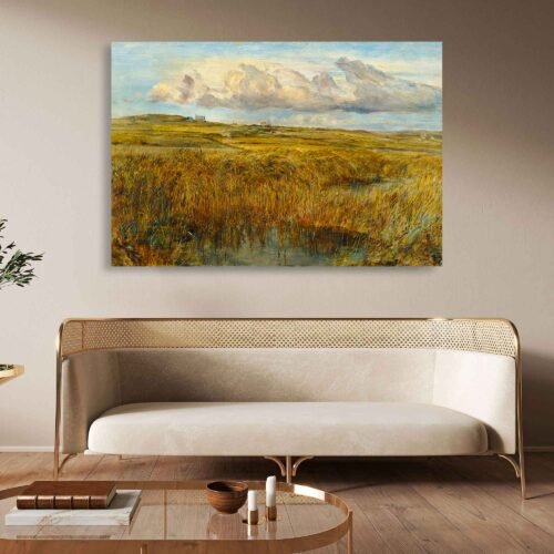 Golden Marshland Landscape Canvas Wall Art – Tranquil Countryside Scene with Cloudy Sky – Rustic Nature Print for Home Decor