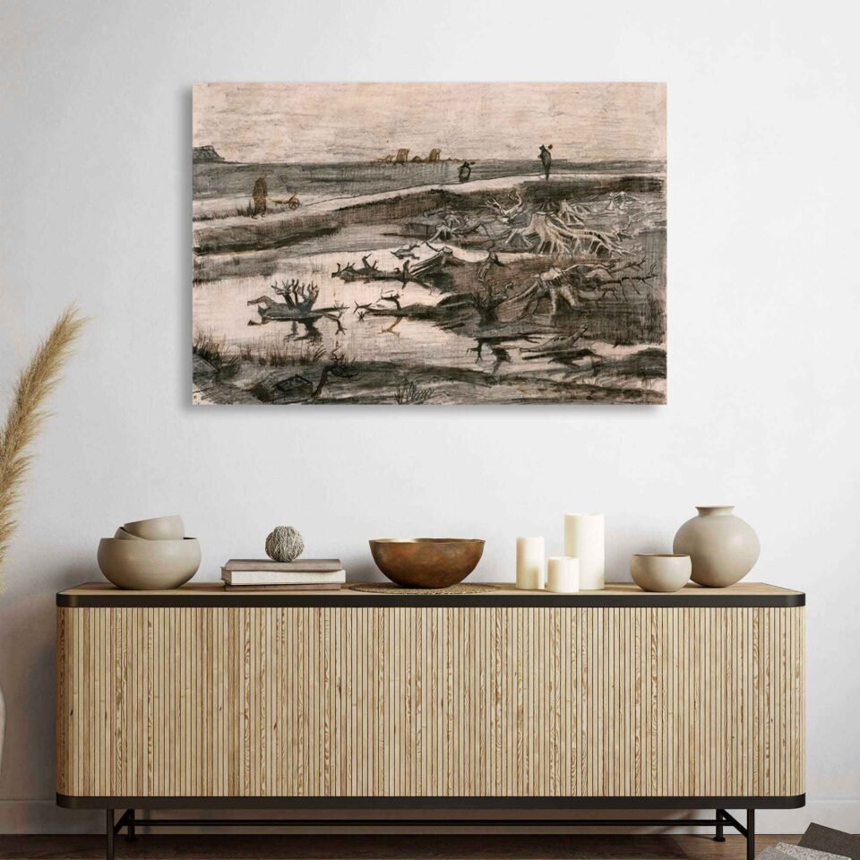 Vincent van Gogh - Landscape with Bog Trunks - Framed Canvas Wall Art Prints Bring timeless beauty to your space with "Landscape with Bog Trunks" by Vincent van Gogh. This stunning landscape canvas wall art print showcases Van Gogh’s expressive brushwork and earthy tones, capturing the raw emotion of nature's quiet strength.