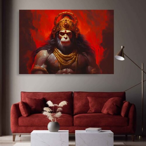 Powerful Lord Hanuman Canvas Wall Art – Spiritual Hindu Deity Print for Home & Meditation Decor Elevate your space with this powerful Lord Hanuman canvas wall art. A bold and spiritual representation of strength, devotion, and protection—perfect for meditation rooms, living spaces, or sacred corners.