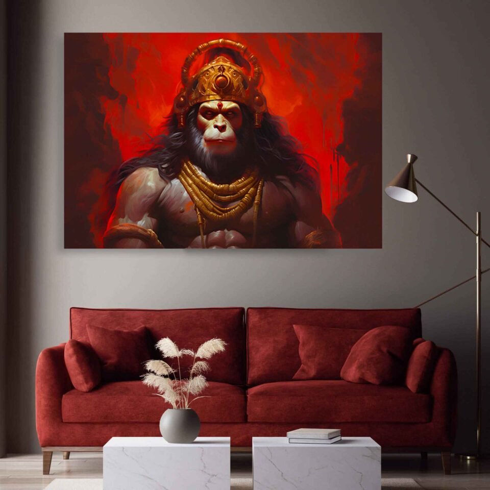 Powerful Lord Hanuman Canvas Wall Art – Spiritual Hindu Deity Print for Home & Meditation Decor Elevate your space with this powerful Lord Hanuman canvas wall art. A bold and spiritual representation of strength, devotion, and protection—perfect for meditation rooms, living spaces, or sacred corners.