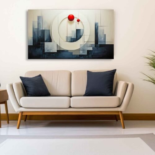 Modern Geometric Abstract Wall Art – Red Sphere & Circle Design in Monochrome Tones – Large Contemporary Minimalist Decor