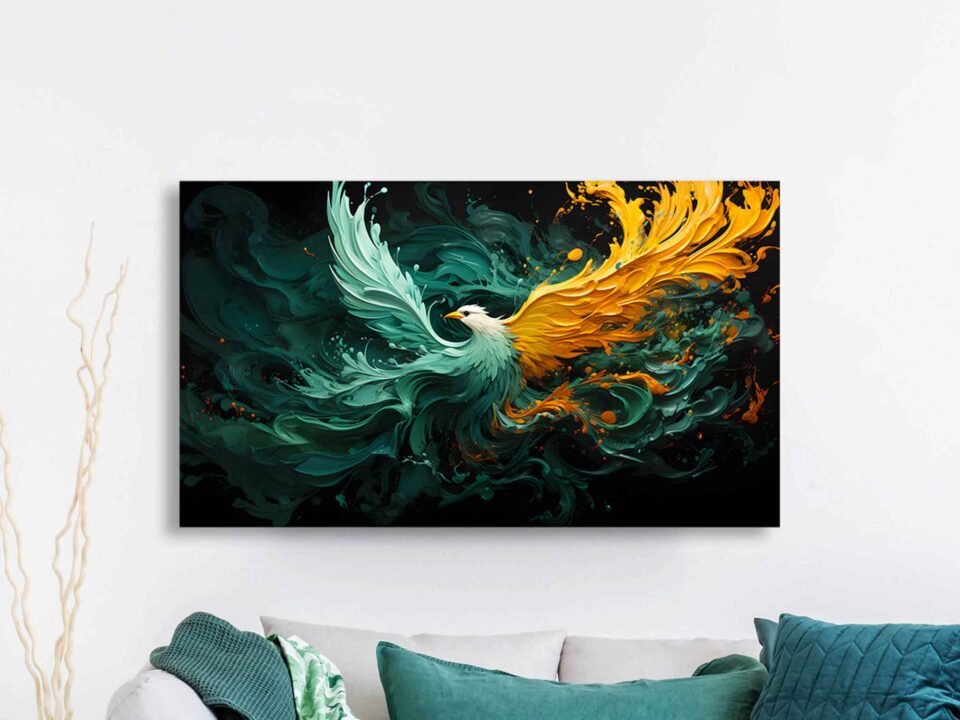 Dual-Toned Phoenix Canvas Wall Art – Majestic Fire and Ice Bird on Framed Canvas Print