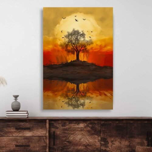 Sunset Tree Reflection Canvas Wall Art – Serene Nature Landscape Print with Birds and Warm Tones for Tranquil Home Decor