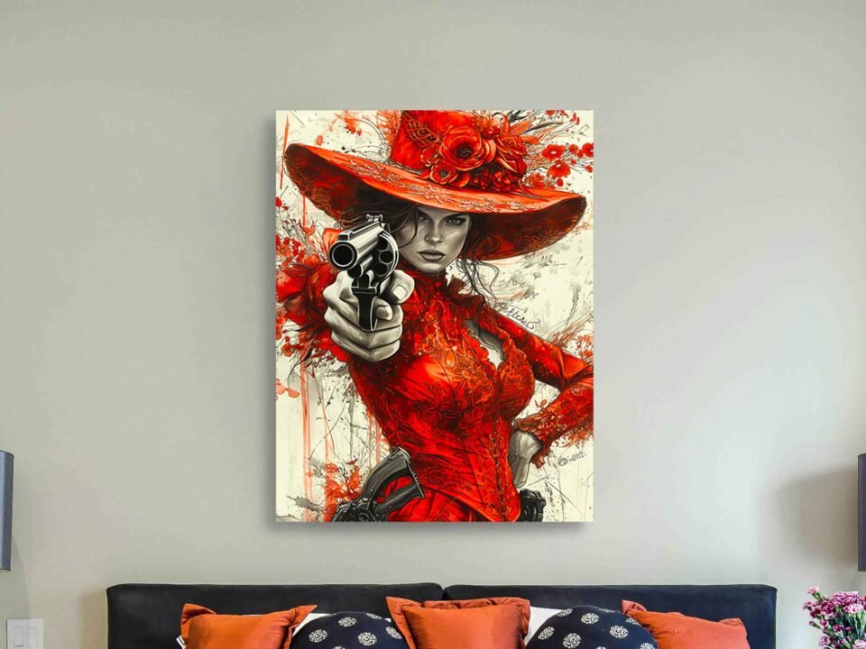 Femme Fatale in Red – Dramatic Victorian Fantasy Canvas Wall Art