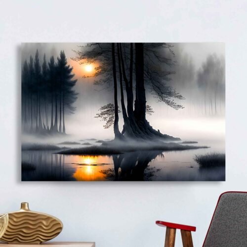 Misty Lake Sunrise Canvas Wall Art Print - Tranquil Misty Lake at Dawn Canvas Art