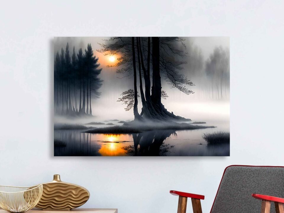 Misty Lake Sunrise Canvas Wall Art Print - Tranquil Misty Lake at Dawn Canvas Art