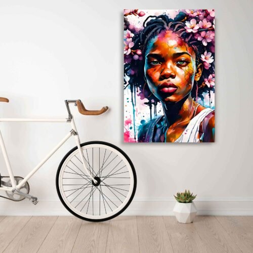 Floral Crown Woman - Watercolour Style - Afrocentric Portrait for Modern Home Decor - Canvas Wall Art Print