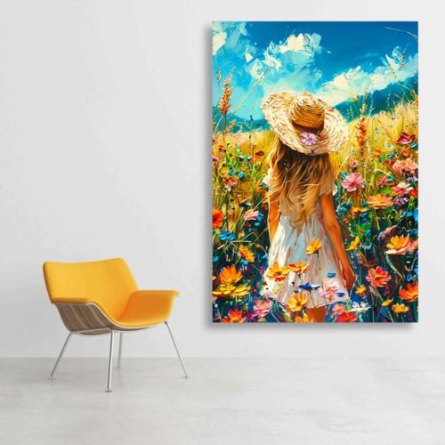 Whimsical Girl in Summer Meadow Canvas Wall Art – Vibrant Floral Field Landscape Print