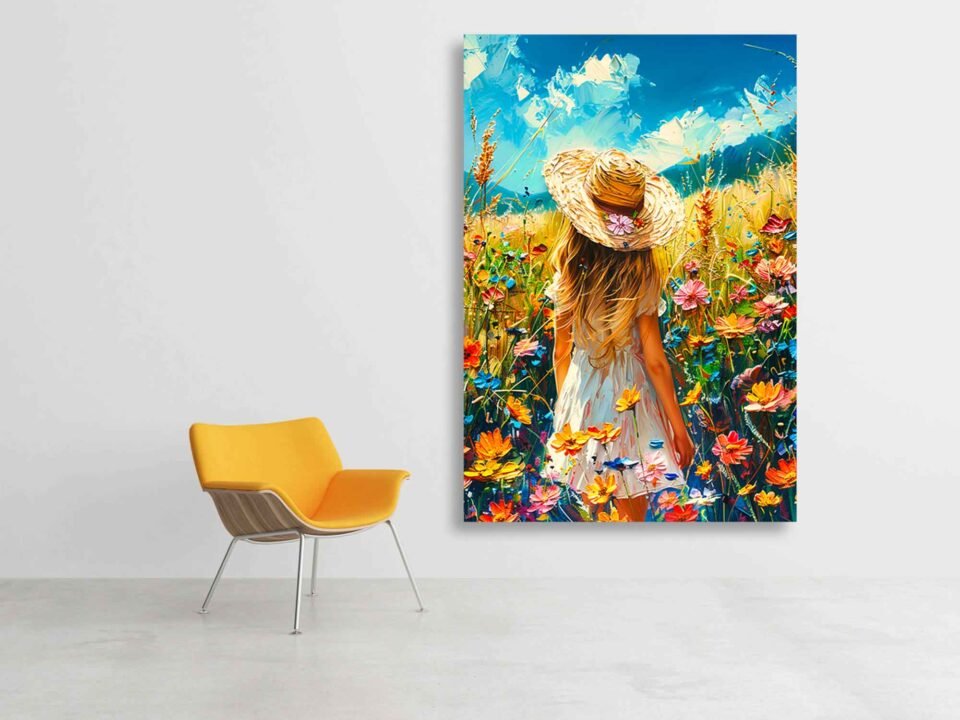 Whimsical Girl in Summer Meadow Canvas Wall Art – Vibrant Floral Field Landscape Print