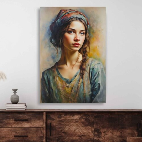 Bohemian Woman Portrait Canvas Wall Art – Rustic Vintage Style Female Artwork for Modern Home Decor