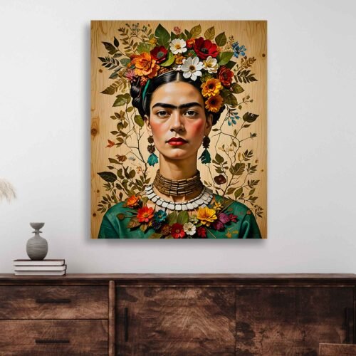 Frida Kahlo Floral Portrait Canvas Wall Art – Colourful Boho Mexican Icon Print for Artistic Home Decor