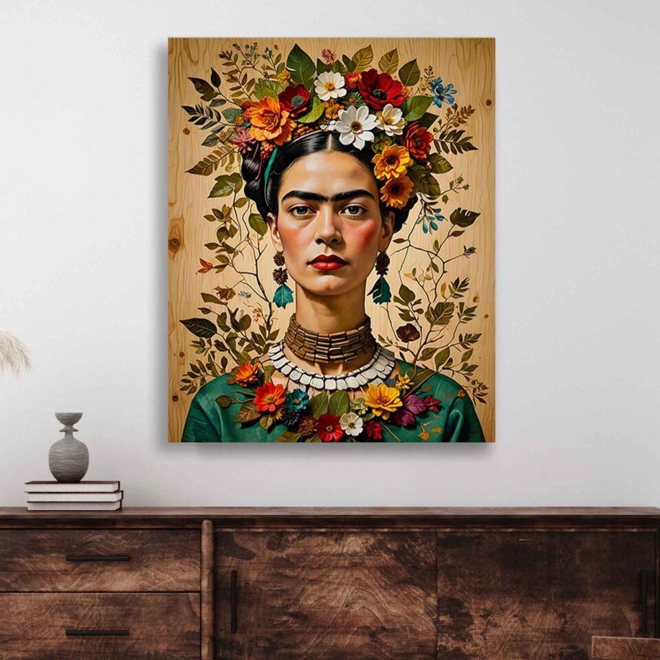 Frida Kahlo Floral Portrait Canvas Wall Art – Colourful Boho Mexican Icon Print for Artistic Home Decor