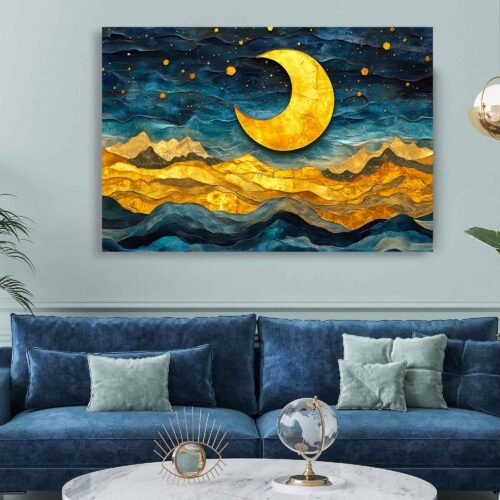 Golden Moon Over Abstract Mountains – Crescent Moon and Stars Canvas Wall Art – Mystical Night Sky Landscape Print for Modern Home Decor