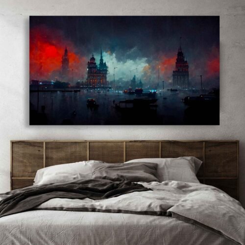 Old City in a New World Canvas Wall Art Print - Dramatic Cityscape with Red Sky.