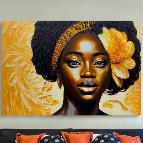 Golden Radiance African Woman Canvas Wall Art – Bold African Artwork Portrait with Yellow Floral Accents