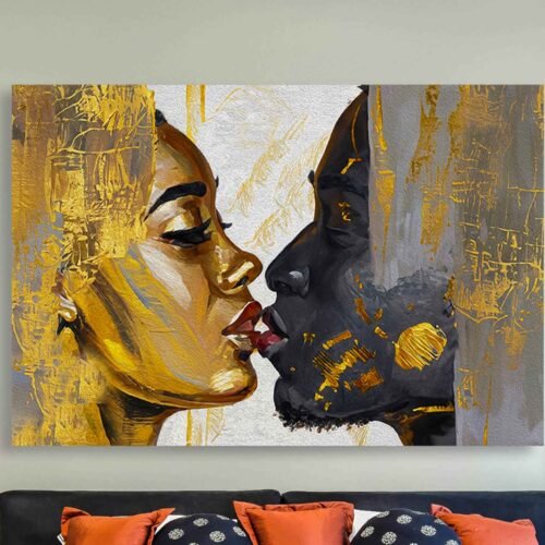 Gold Kiss African Couple Canvas Wall Art – Romantic Black Love Artwork with Abstract Texture