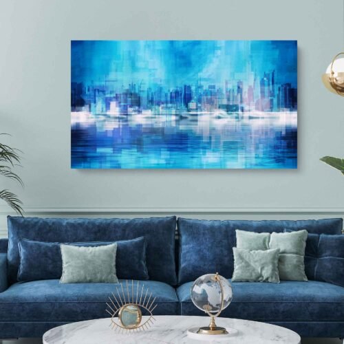 Blue Cityscape Large Wall Art – Abstract Urban Skyline Reflection Print – Contemporary Large Wall Decor for Home or Office