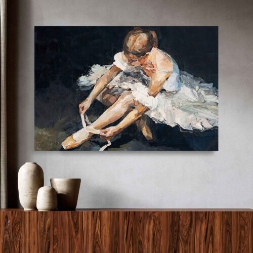 Graceful Ballerina Canvas Wall Art – Impressionist Ballet Dancer Tying Shoes – Elegant Dance-Inspired Home Decor Print