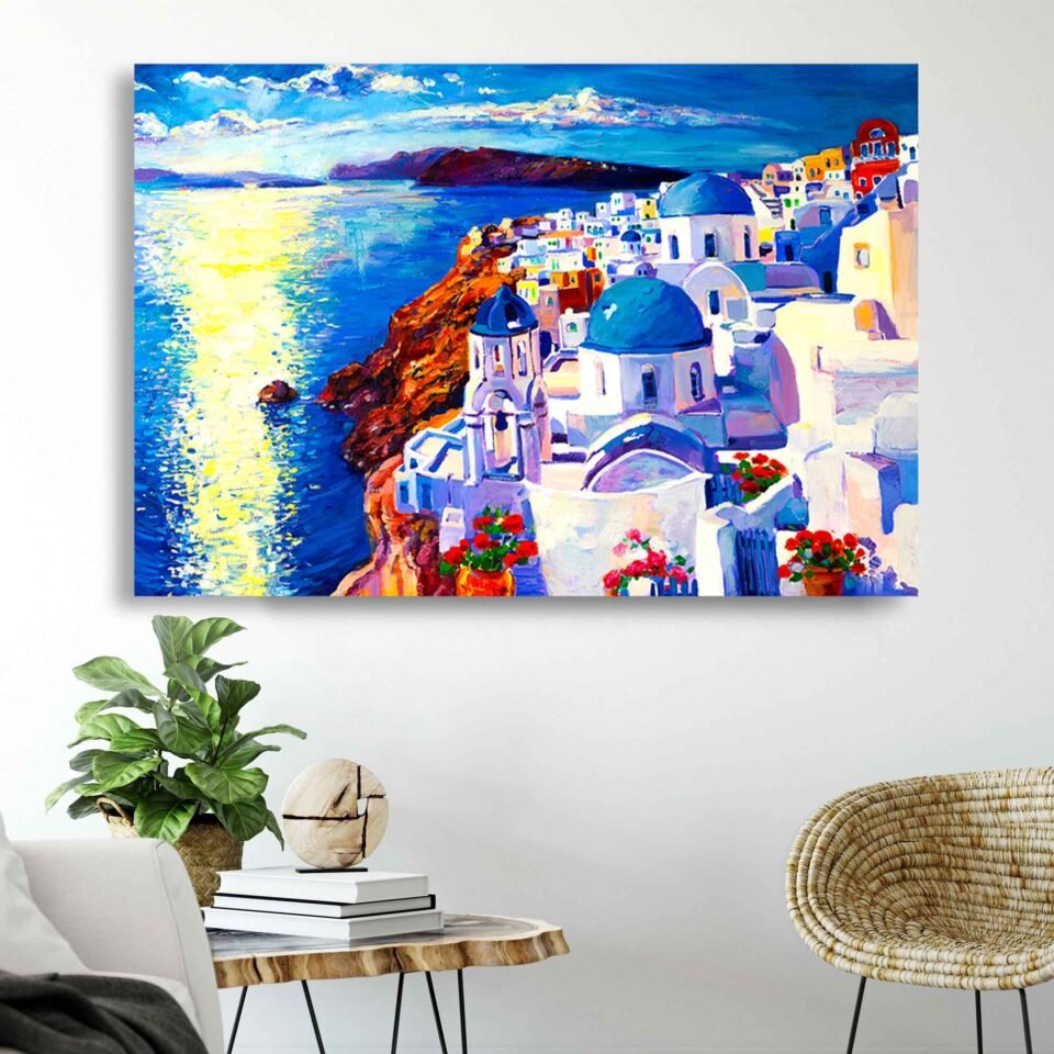 Santorini Sunset Canvas Wall Art – Greek Island Landscape Print with Blue Domes and Aegean Sea – Mediterranean Coastal Wall Decor.